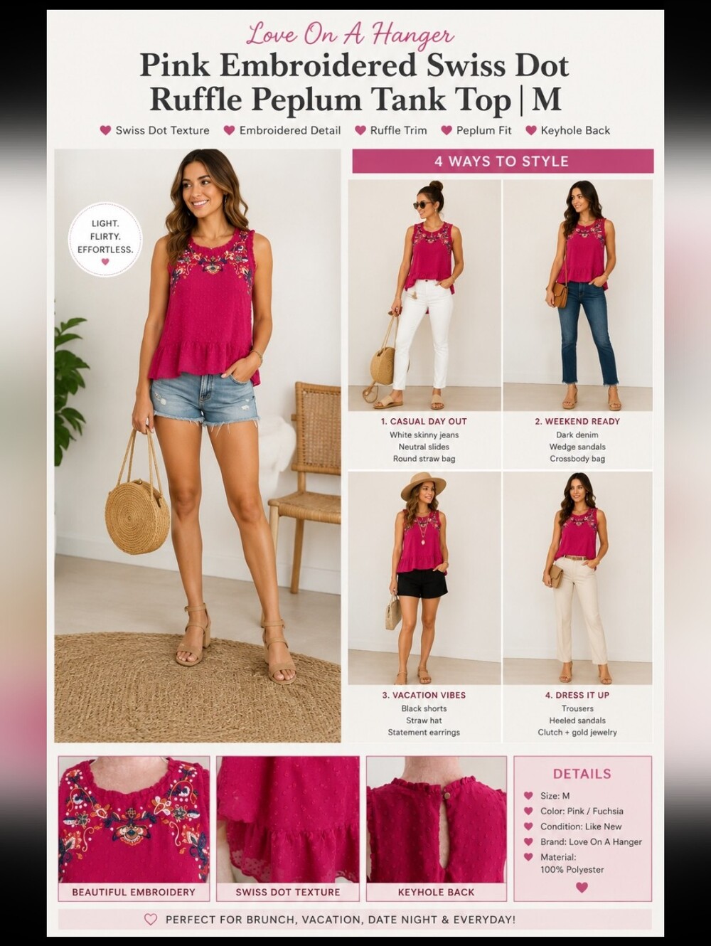 Love On A Hanger ~ Pink Embroidered Swiss Dot Ruffle Peplum Tank Top | M